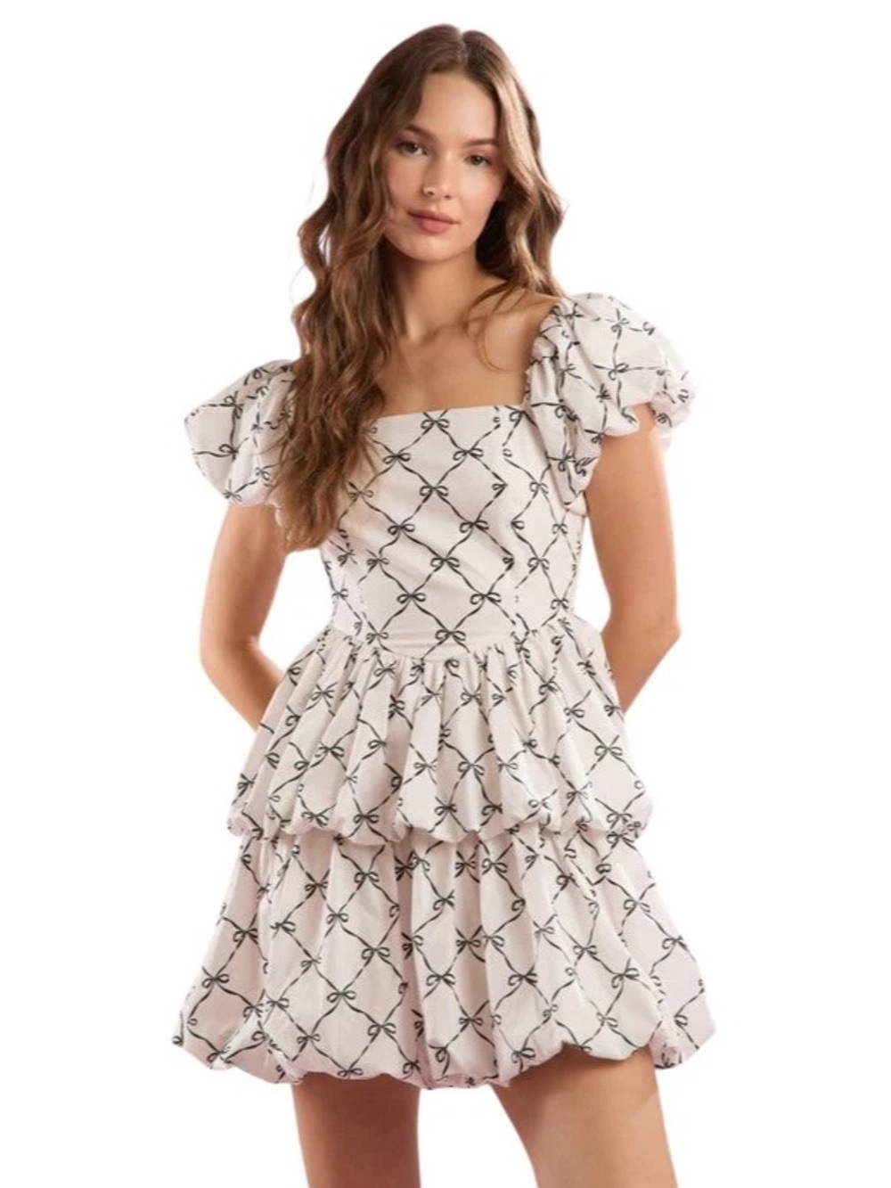 Peach Love California White Mini Dress with Black Bow Chain Print
